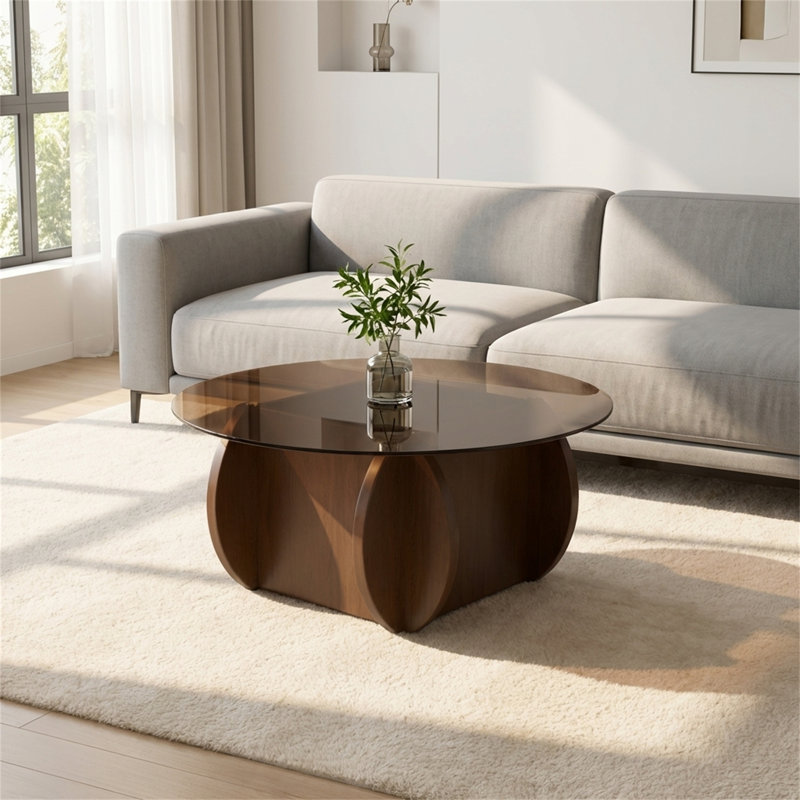 Modern Round Glass Coffee Table, Walnut