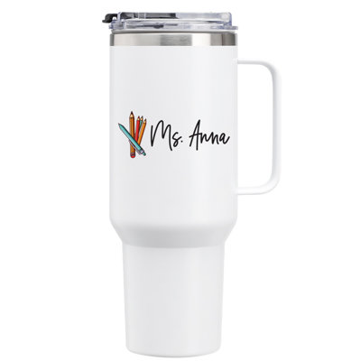 Custom 40 Oz Tumbler With Handle, Pen & Pencil Design, Name Text, Teacher Appreciation Gift