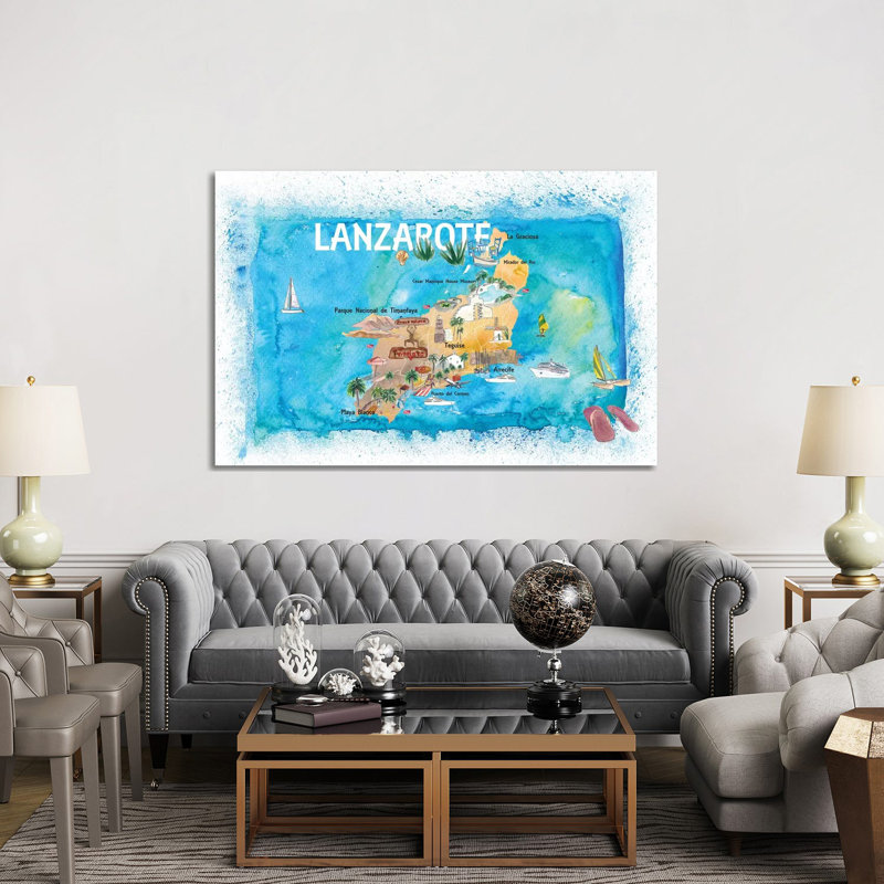Lanzarote Canarias Spain Illustrated Map With Landmarks And Highlights by Markus & Martina Bleichner - Wrapped Canvas Print