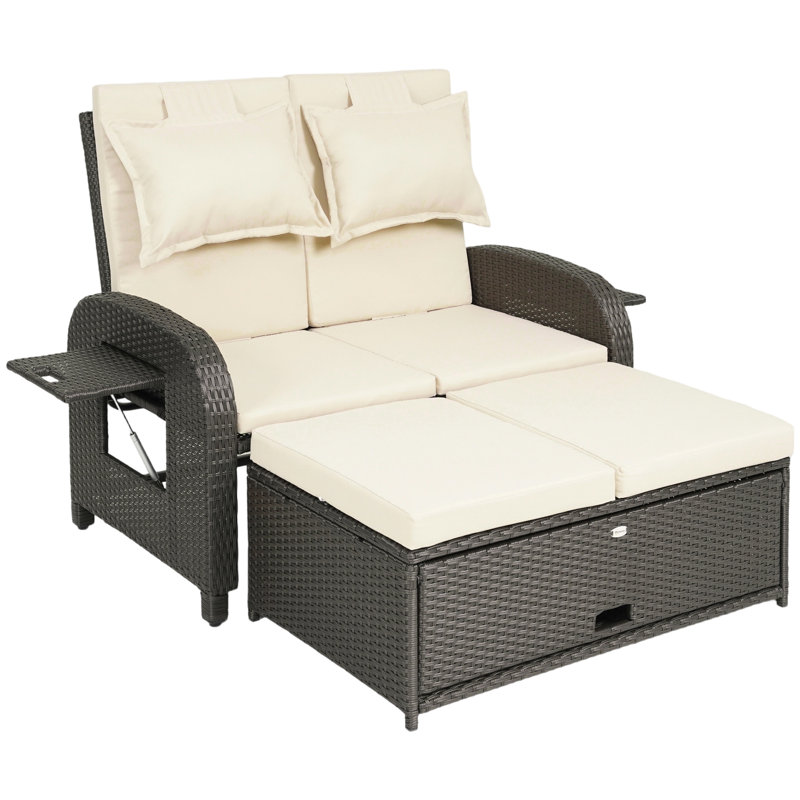 Lit de jour extérieur avec coussins, canapé-lit double en rotin tressé avec pouf, beige, Beige