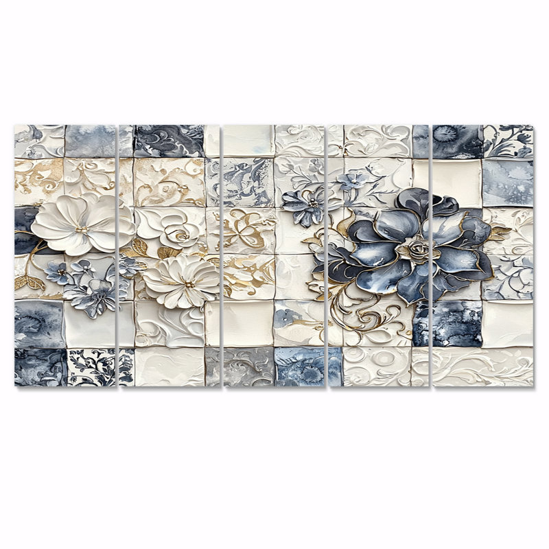 «White and Blue Floral Abstract Tiles III - Boho Tiles», ensemble d'art sur toile, H 28 po x l 60 po