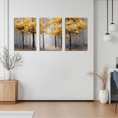 Autumn Trees Yellow Leaves Landscape Oil Painting Print Canvas Wrapped Wall Art Set of 3