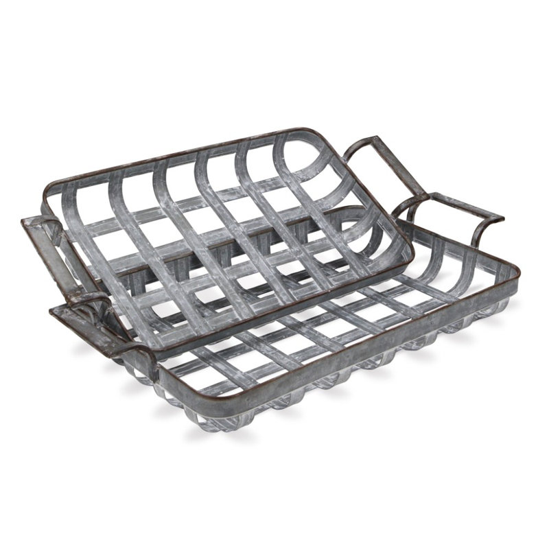 23" Grey Rectangular Metal Handmade Tray With Handles