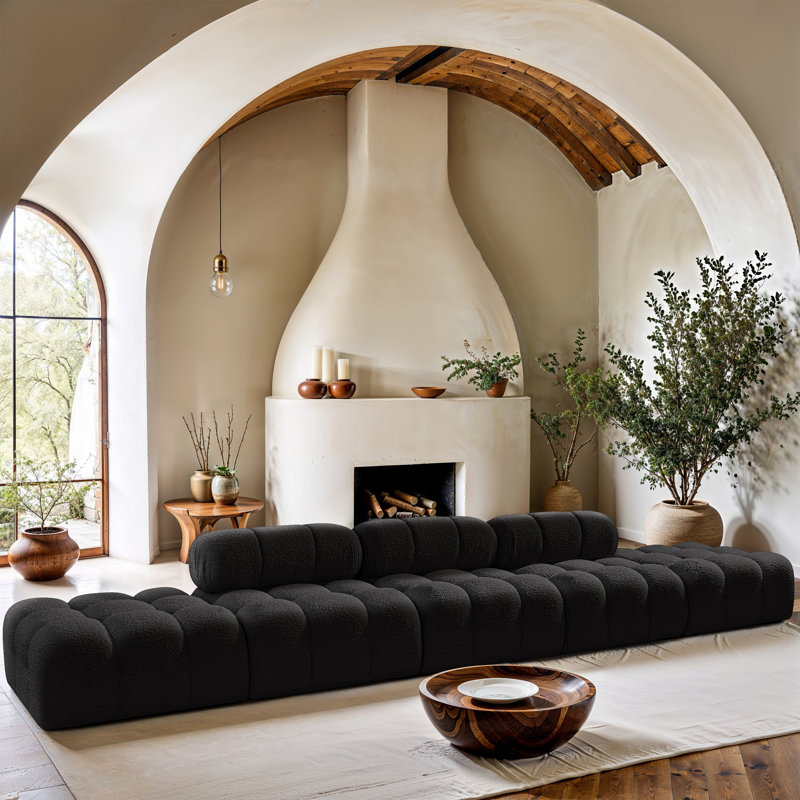 Ames Upholstered Sofa, Black Boucle Fabric, 3 Armless, 2 Ottoman