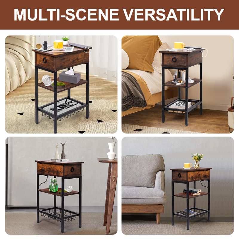 Rustic Slim Rectangular Wood Side Table with USB Ports and Outlets