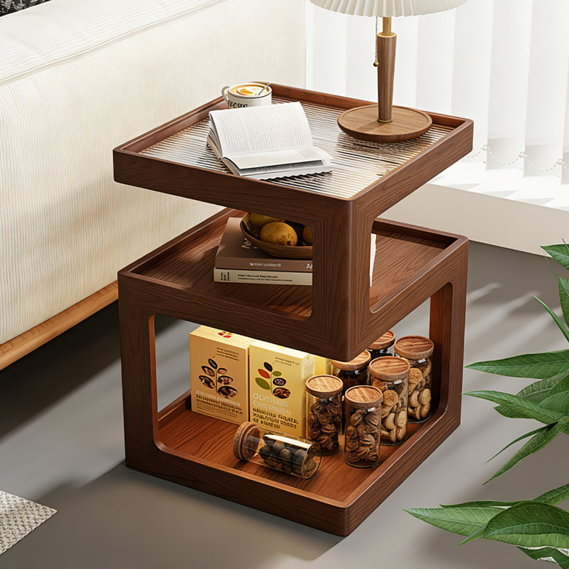 Solid Wood Nightstand with Sensor Light – 3-Tier Glass Top End Table