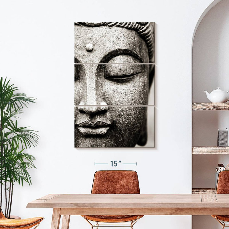 Image de bouddha méditant - 3 pièces sur toile tendue, H 45 po x l 28 po x P 1,25 po