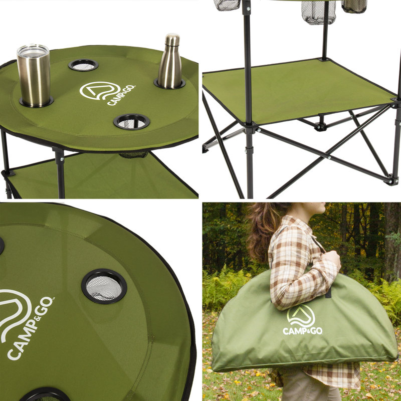 Moss Green Round Portable Folding Table with Cup Holders