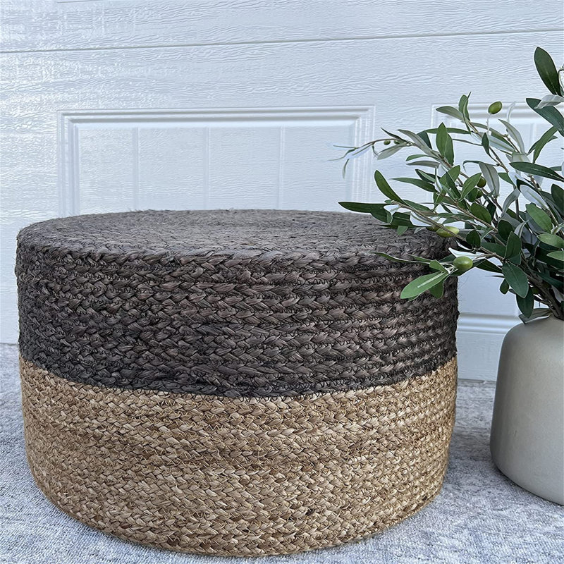 Gray and Beige Handwoven Jute Round Pouf Ottoman