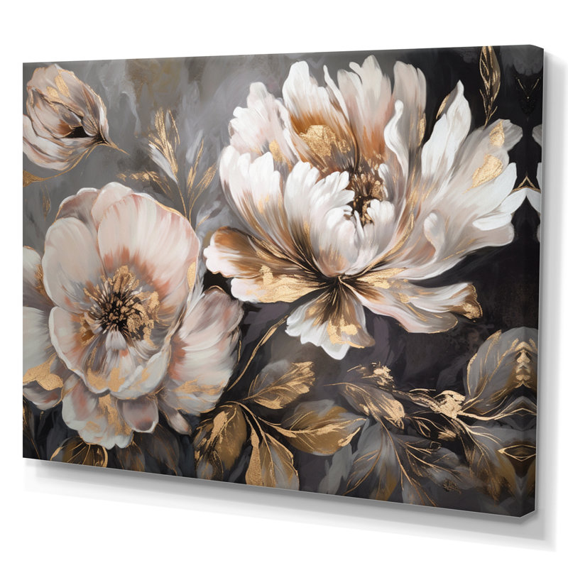 "White Grey Peony Blooms In Motion IV" - pivoines, art encadré, H 30 po x l 40 po, Toile tendue, Sans cadre