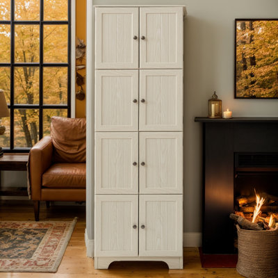 72" Farmhouse Tall Kitchen Pantry with 8 Doors, Wooden Storage Cabinet with 4 Shelves, 4-Tier Freestanding Cupboard for Kitchen, Living Room, Bathroom
