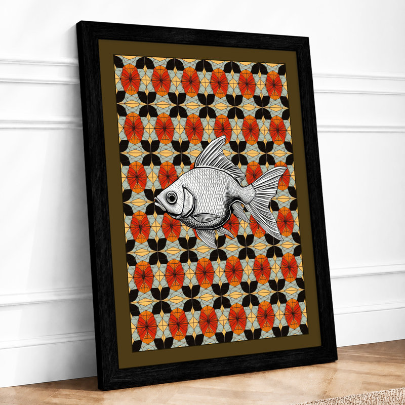 Fish in Ornament Eclectic - Framed Print, Black, A4 - 29.7 x 21.0 cm