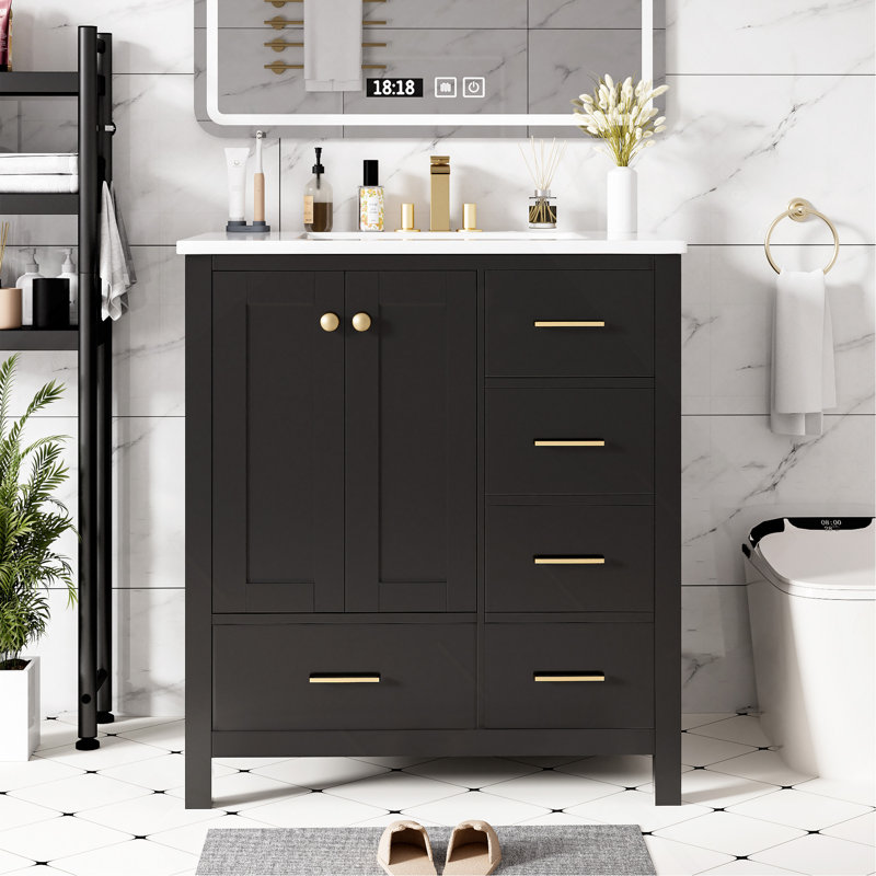 Ensemble de meuble-lavabo 30 po avec lavabo en céramique, armoire de rangement en bois massif, ensemble de meuble-lavabo autoportant avec 4 tiroirs et portes à fermeture douce, noir