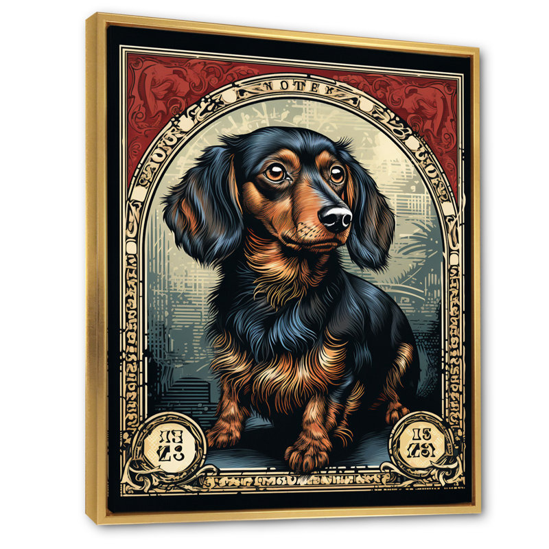 Illustration rétro du timbre de teckel mignon sur toile, H 20 po x l 12 po, Cadre flottant doré