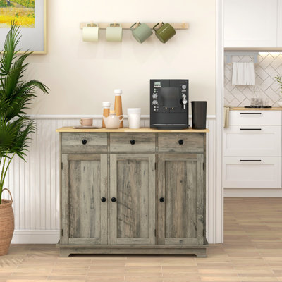 Armoire de comptoir en bois massif gris, 3 tiroirs, portes, tablette réglable