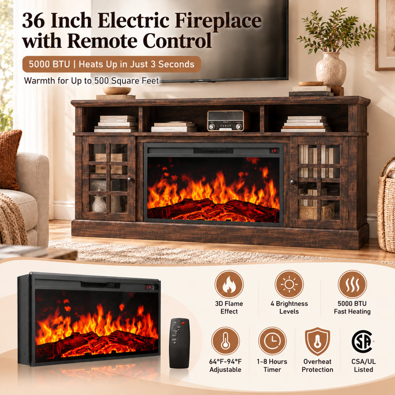 Fireplace TV Stand for 85" TVs with Electric Fireplace, Farmhouse TV Console & Entertainment Center , Brown