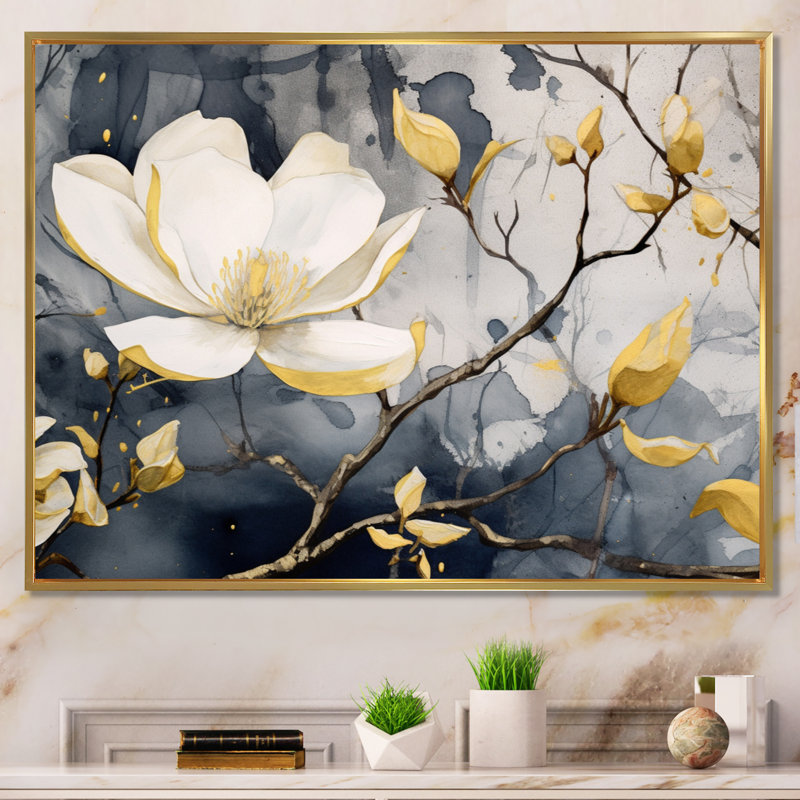 Jaune jaune, gris, magnolia, nature, élégance III - art mural sur toile florale, H 16 po x l 32 po x P 1 po