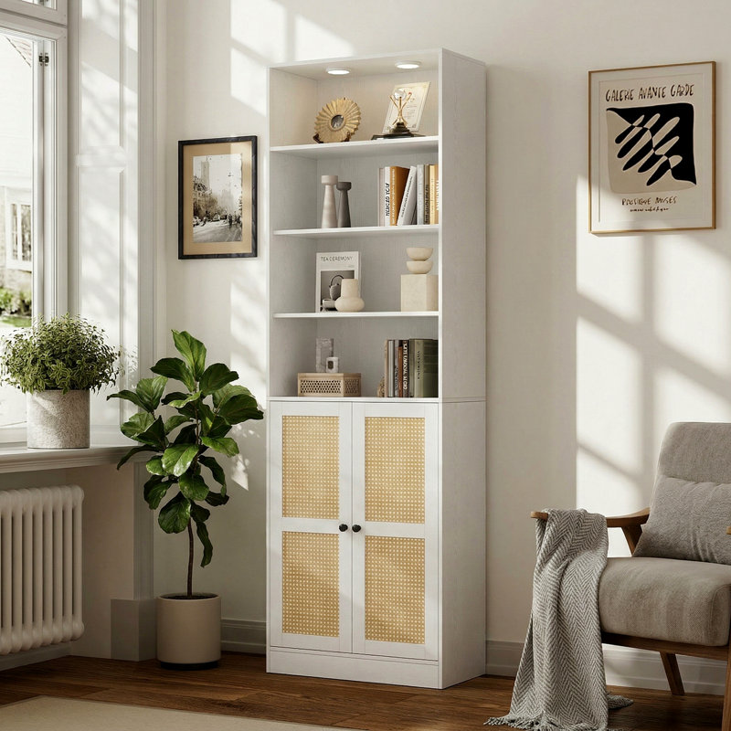 85.8" H X 23.6" W 7-Tier Large Rattan Wood Storage Bookcase, Bookshelf With Storage Cabinet and White Downlights For Living Room, Study