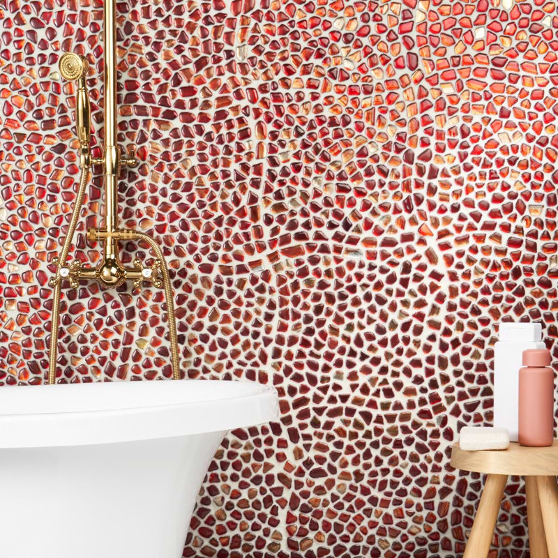 Komorebi Pebble Mineral Ice Gray Polished Glass Mosaic Tile, Bonfire Red