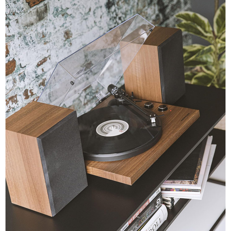 Platine de vinyle Crosley avec enceintes bibliothèque, système Hi-Fi.