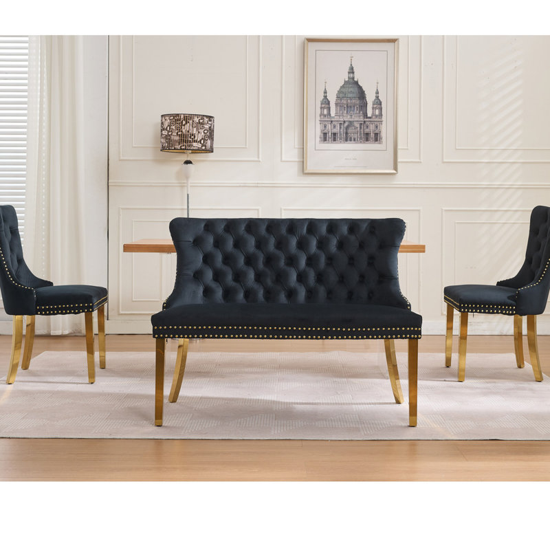 Banc de causeuse en velours capitonné 2 places avec boutons faits à la main, dossier à oreilles et pieds en acier inoxydable plaqué or, siège de salle à manger de style Mid-Century moderne pour la cuisine et la salle à manger (paquet simple)