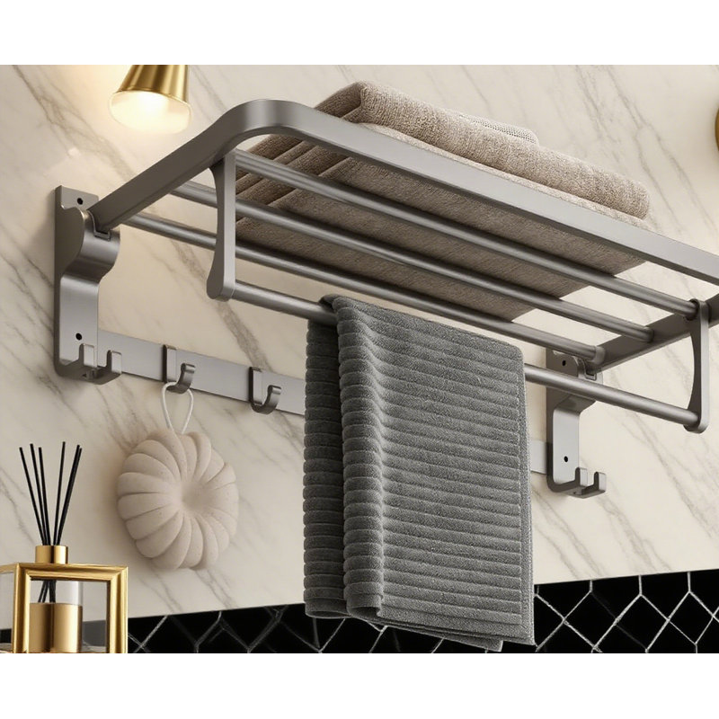 Porte-serviettes mural pliable pour salle de bain avec barre à serviettes et crochets - Organisateur de lavabo peu encombrant durable
