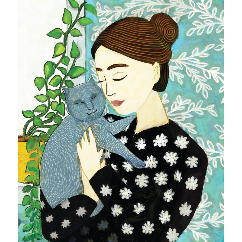 Lady and Her Cat - Painting Print, 46cm H x 30cm W, Black Floater Framed