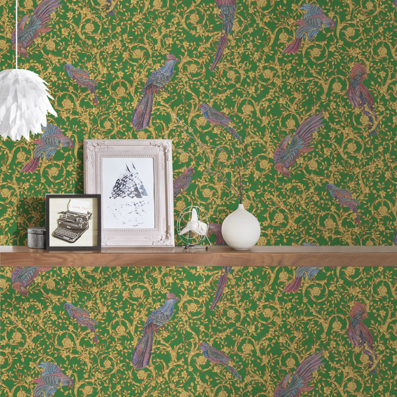 Guillemette 10.05m x 70cm Matte Wallpaper Roll, Green/Silver/Purple
