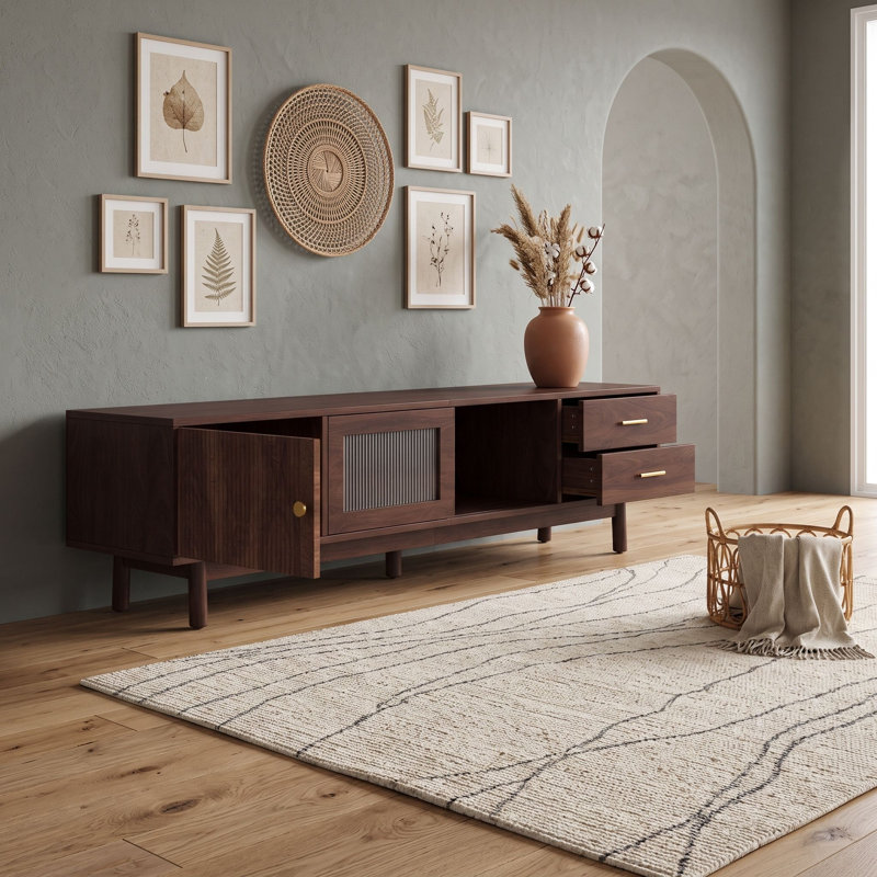 Meuble télé de style moderne du milieu du siècle avec portes coulissantes et 2 tiroirs, armoire
