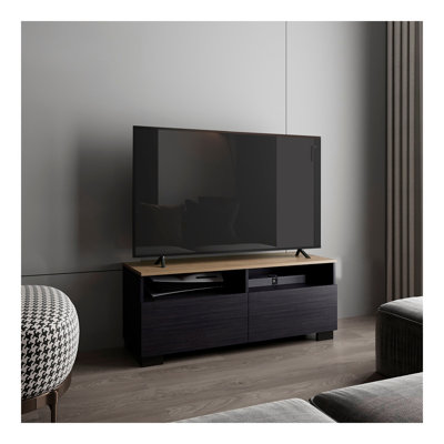 Meuble télé moderne avec tablettes ouvertes et profil compact, console multimédia minimaliste pour le salon ou la chambre à coucher Colman