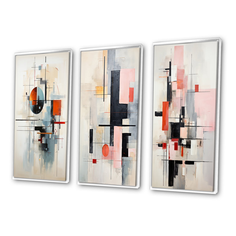 «Beige Blue Suprematism Geometric Explorations I», 3 pièces sur toile, H 32 po x l 16 po, Cadre blanc