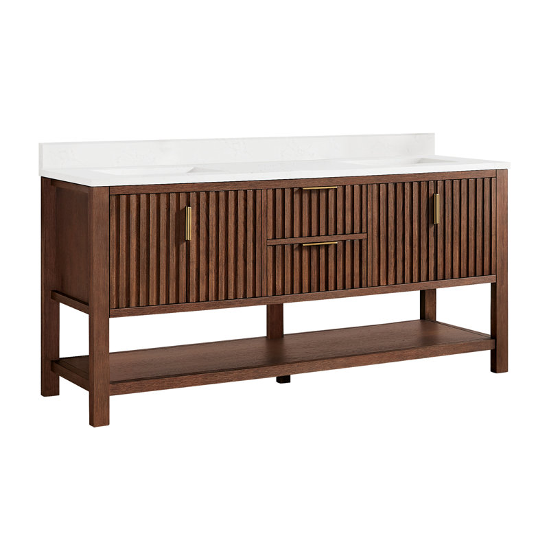 Meuble-lavabo double 72 po avec plateau en pierre composite Chace, Chêne brun foncé vieilli / or brossé
