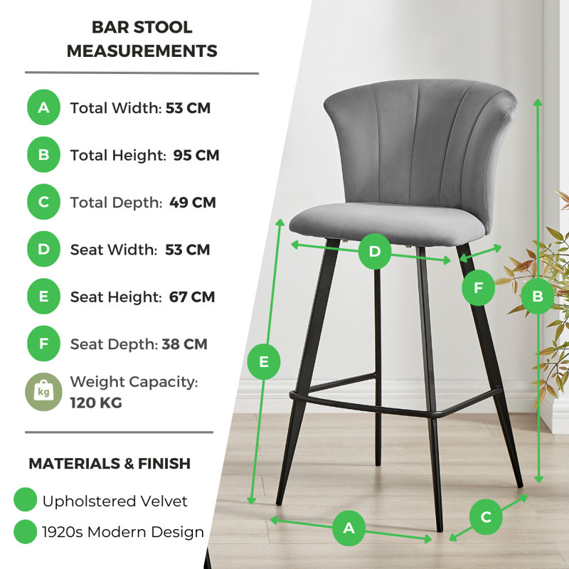 Juni Elegant Breakfast Bar Stool in Deco Style & Luxury Velvet, Black, Blue