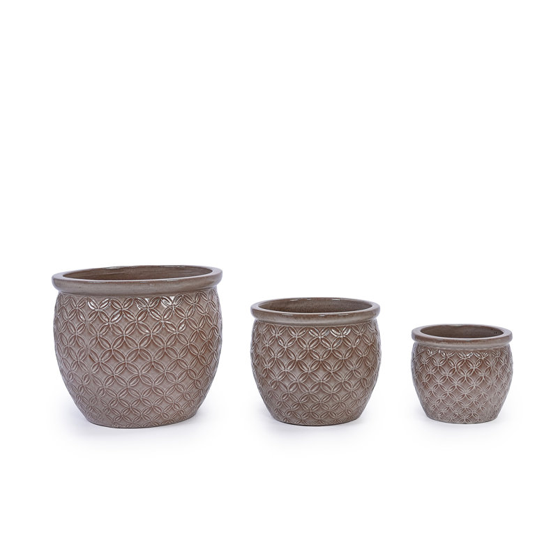 Handmade Glazed Ceramic Planter Set Of 3, 15/13/9 Inch Diameter, Ring Pattern, For Monstera And Fiddle Leaf Fig Outdoor Garden & Indoor Staircase Use, Breathable Clay, Beige