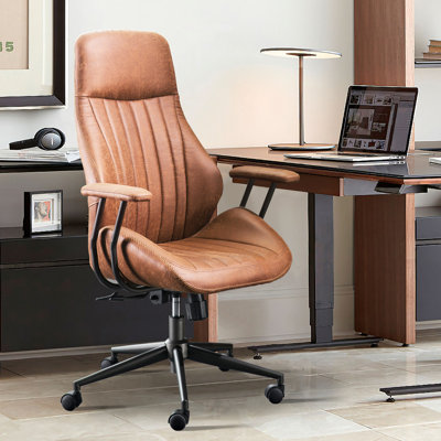 Albaugh Ergonomic Office Chair, High Back Swivel Rolling Executive Chair, Mid-Century Faux Lether with Lumbar Support, Large Computer Desk Task Chair with Suede Fabric for Home