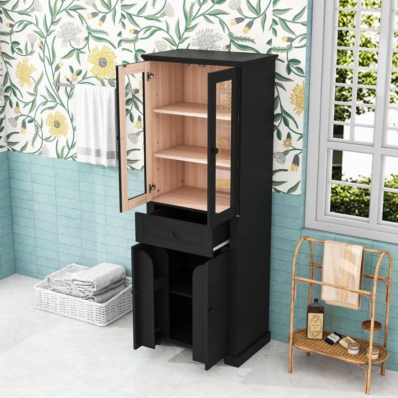 Grande armoire de rangement pour salle de bain avec tiroir, portes en verre trempé et tablettes réglables, Noir