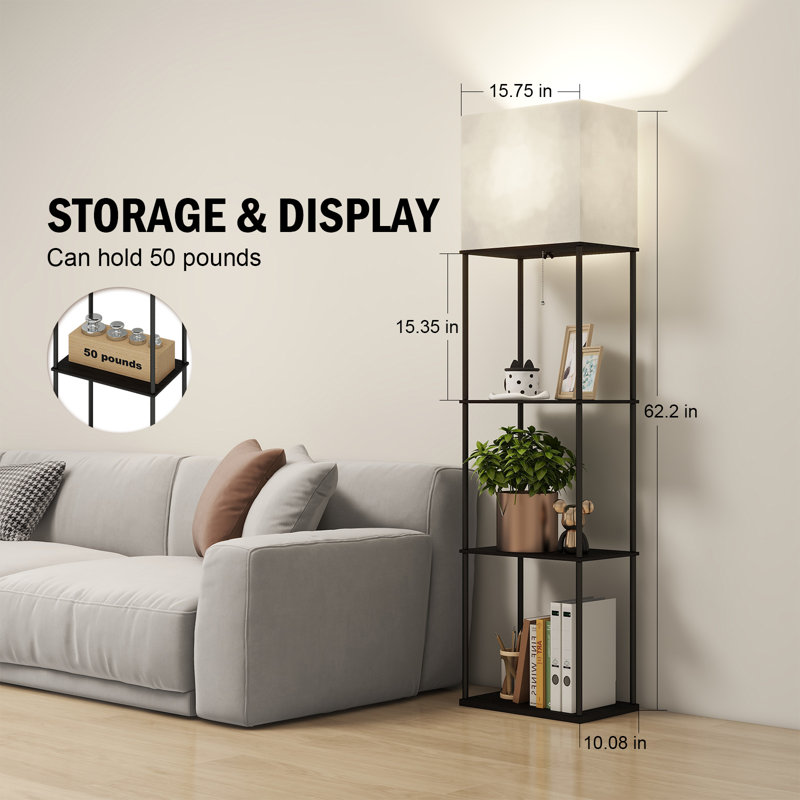 4 Tier Shelf Floor Lamp with Large Size, Floor Lamp with Shelves with 3 Color Temperature, Modern Wood Storage Disaplay Standing Lamp with Linen Shade for Living Room, Bedroom, Office(Black)