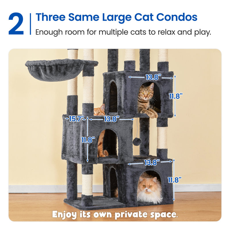 Grand arbre à chat 63 po pour chats d'intérieur, Gris foncé