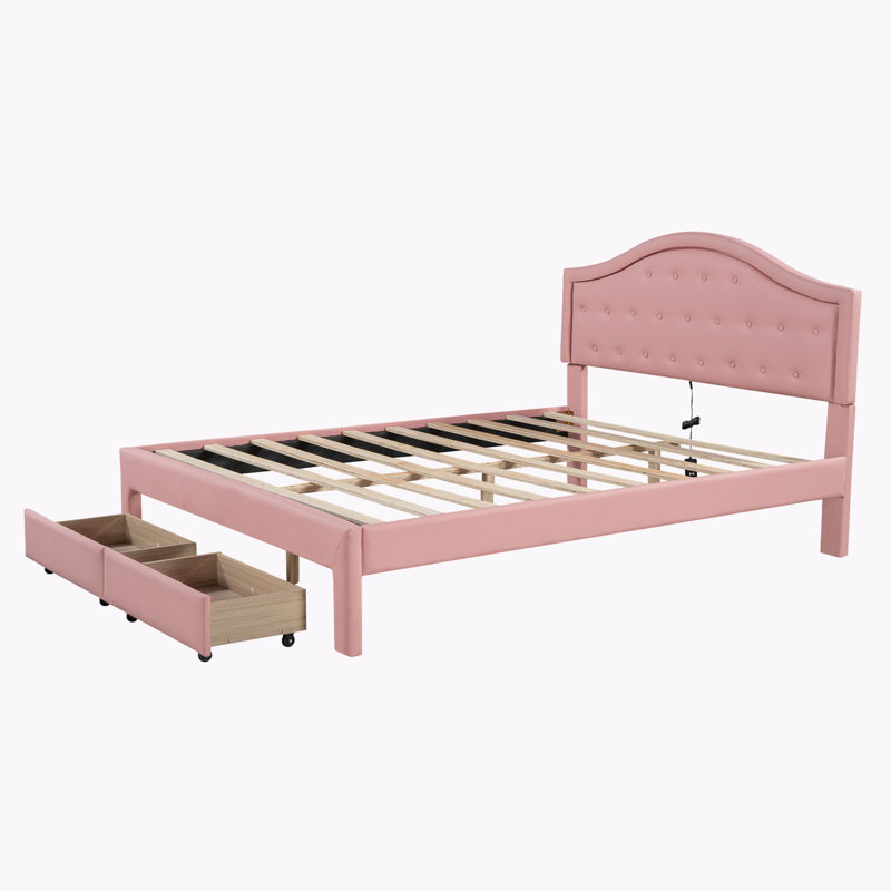 Storage Bed with Tufted Headboard,LED, Pink, Full/ Double