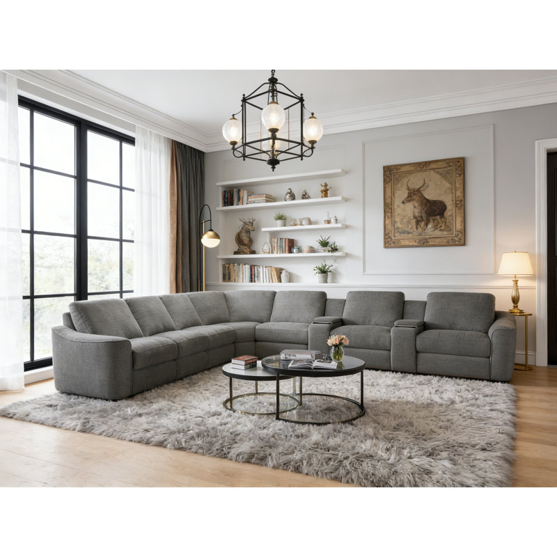 Canapé modulaire inclinable électrique en L avec rangement et charge sans fil, Mélange de polyester gris foncé