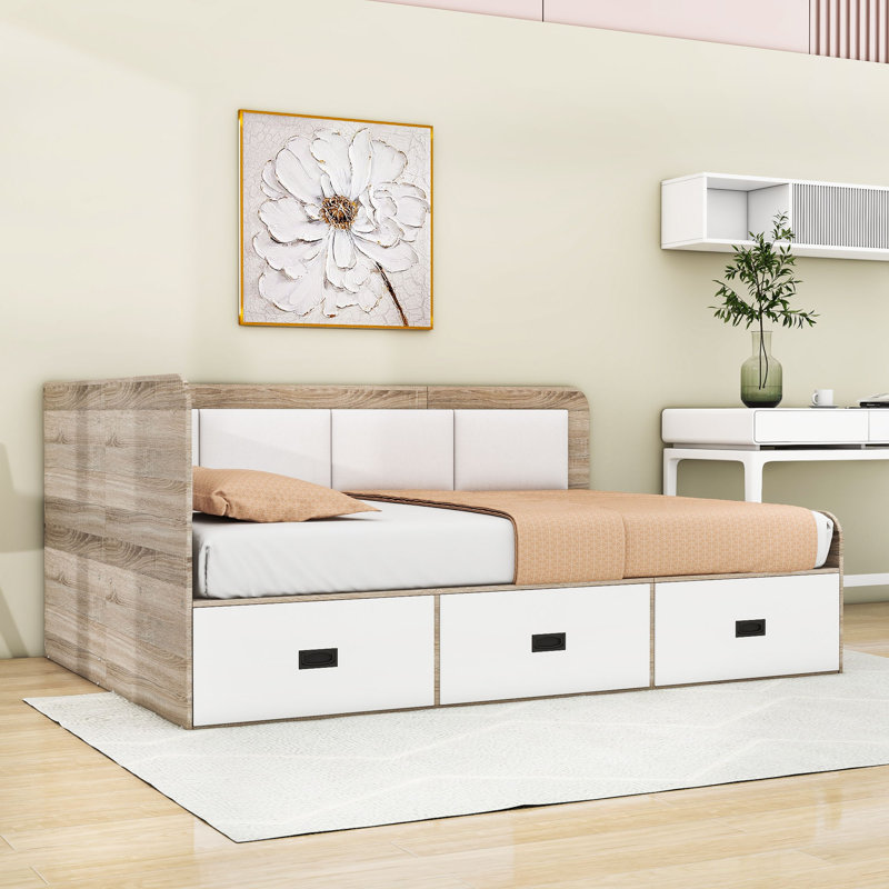Hubert Versatile Upholstered "L" Shaped Daybed with Drawers and Storage, Full / Double, Nature Beige