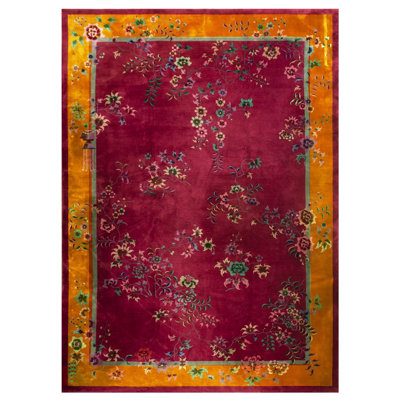 Big Antique Wool Pile Hand Knotted Deco Chinese Carpet