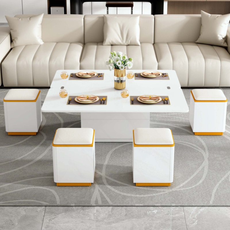 Table basse à plateau relevable avec tabourets de rangement, table centrale moderne avec plateau pliable, table basse réglable multifonctionnelle pour le salon