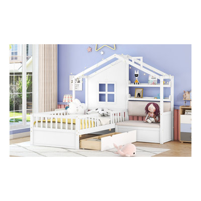 Lit simple avec canapé, lit plateforme pour enfants avec deux tiroirs et tablette de rangement, blanc