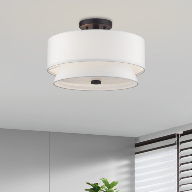 3 Light Brushed Nickel Large Semi-Flush With Hand Crafted Off-White Fabric Hardback Shades, Bronze
