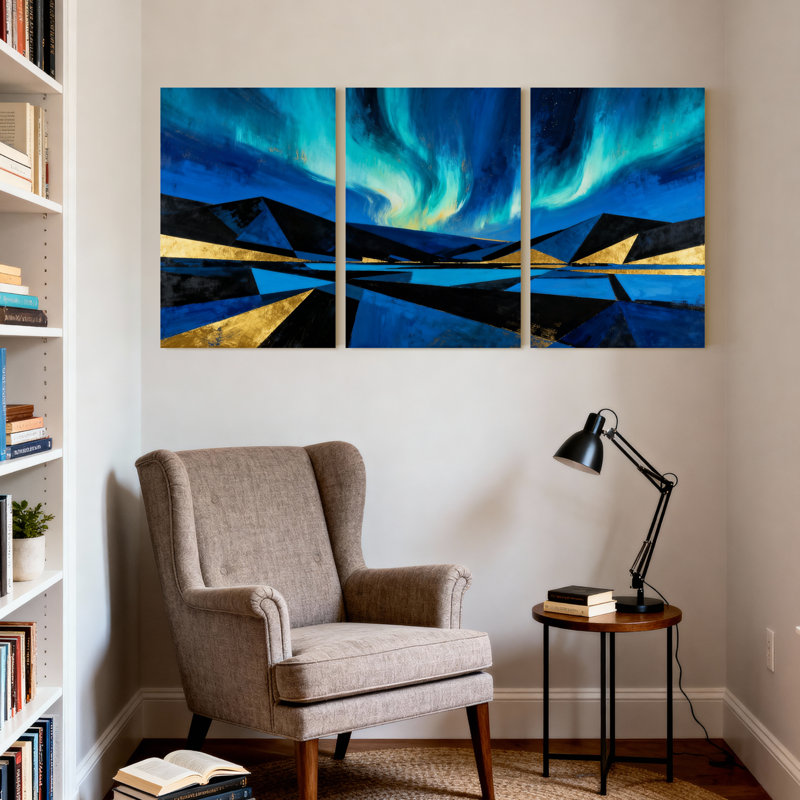 Abstrait abstrait ciel bleu Aurora montagne, ensemble de 3 impressions sur toile, H 24 po x l 48 po