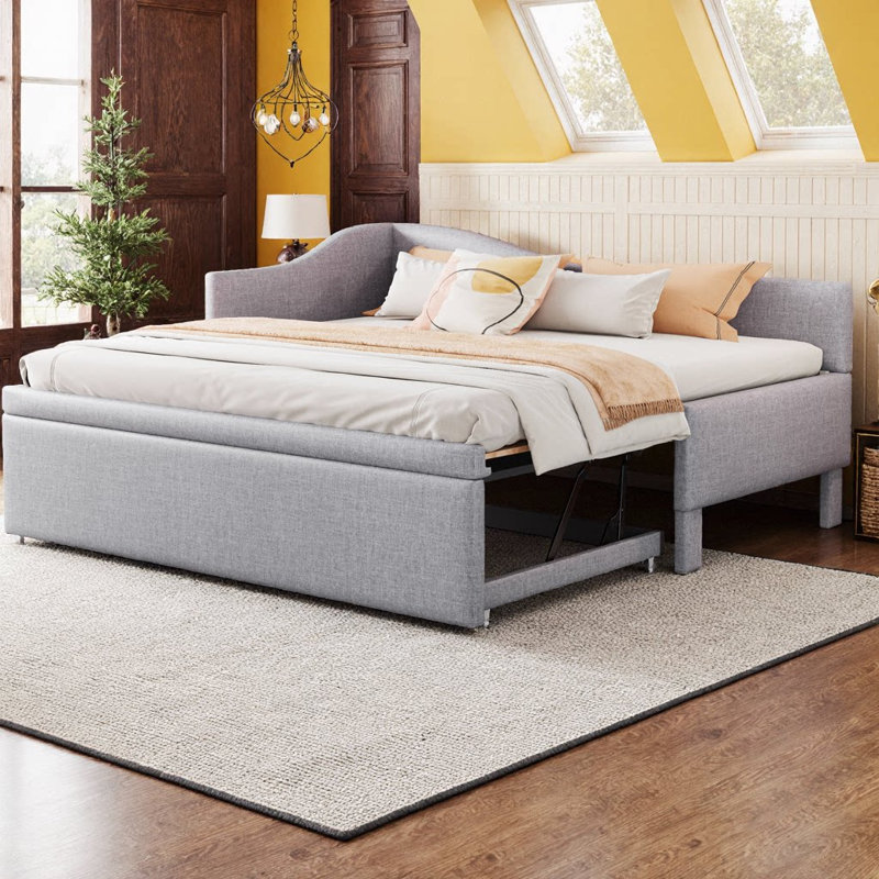 UnaFlora Convertible Twin L-Shaped Upholstered Daybed with Pop-Up Trundle, Twin-to-King Design, Gray