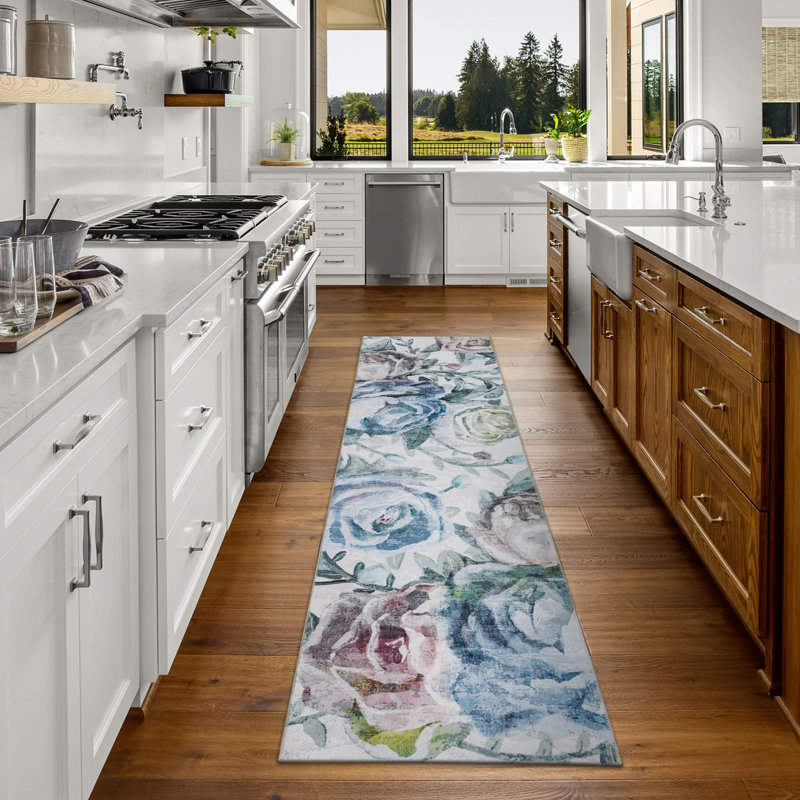 Blue Floral Machine Washable Synthetic Runner Rug