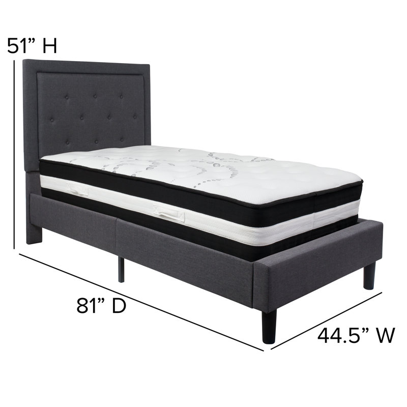 Aluino Panel Tufted Upholstered Platform Bed and Pocket Spring Mattress, Dark Gray, Twin