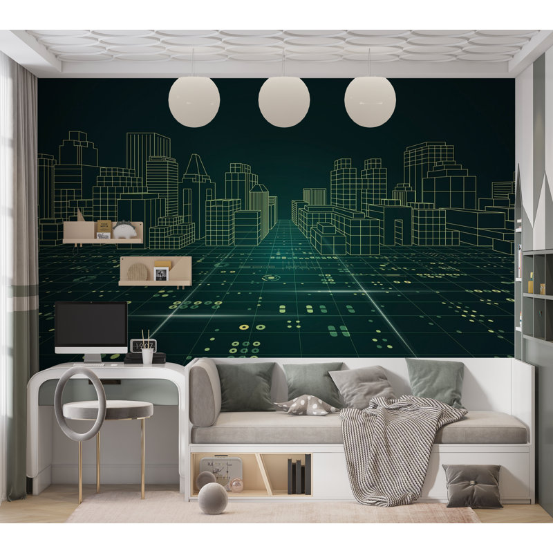 Murale pelez et collez de qualité supérieure - Paysage urbain numérique, L 96 po x l 120 po